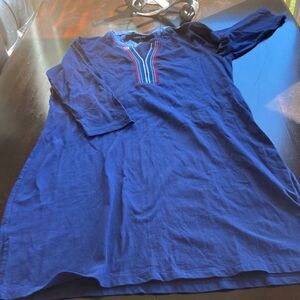 Land’s End 3/4 sleeve swim dress coverup Small 6-8 navy embroidered V neck